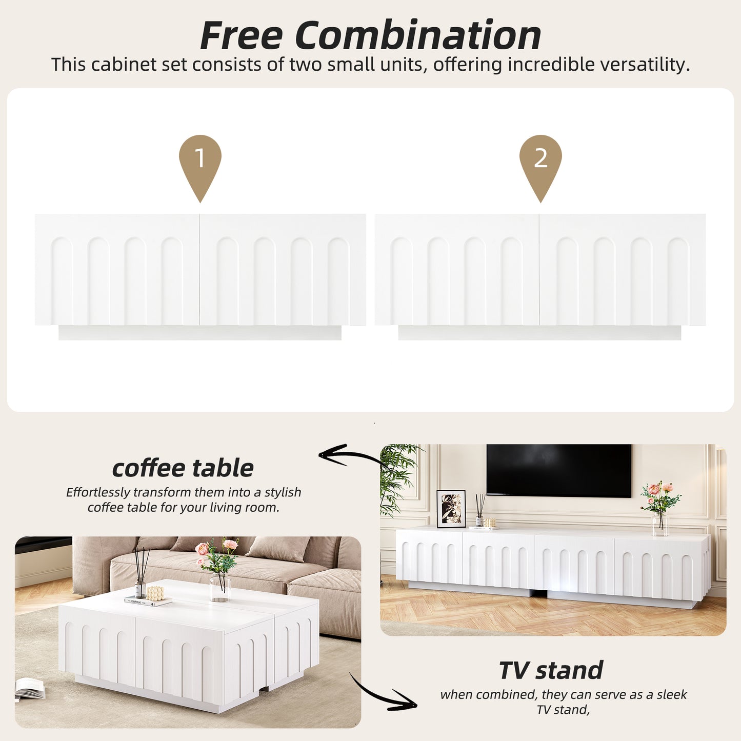 Versatile Modern TV Stand and Coffee Table Set shown in two configurations, usable as coffee table or TV console with hidden storage.