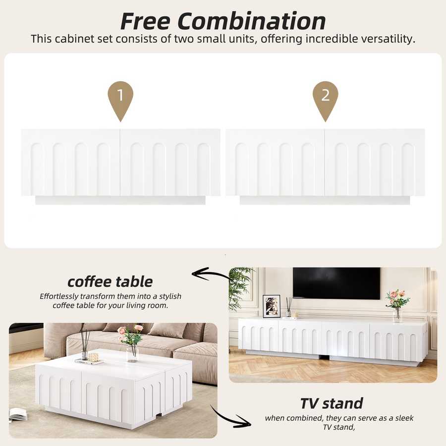 Versatile Modern TV Stand and Coffee Table Set shown in two configurations, usable as coffee table or TV console with hidden storage.