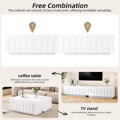 Versatile Modern TV Stand and Coffee Table Set shown in two configurations, usable as coffee table or TV console with hidden storage.