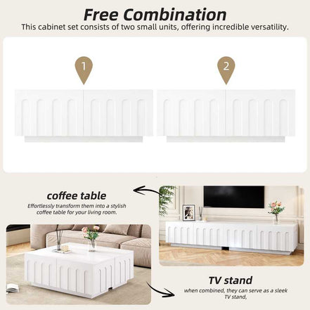 Versatile Modern TV Stand and Coffee Table Set shown in two configurations, usable as coffee table or TV console with hidden storage.