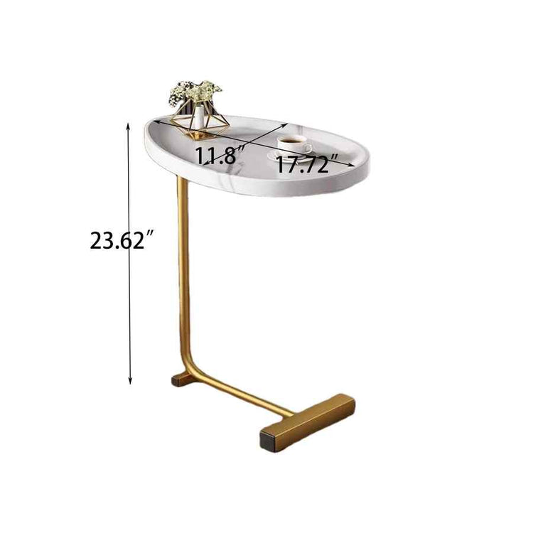 Small round table with gold legs and white surface, showing dimensions on a white background.
