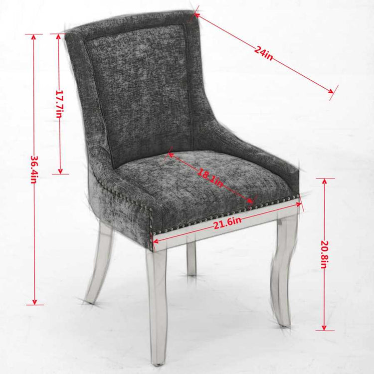Gray upholstered chair with dimensions marked on a white background
