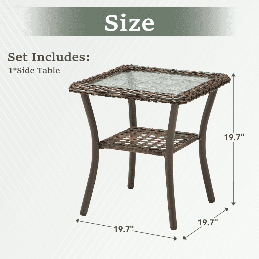 Wicker side table with dimensions on a white background