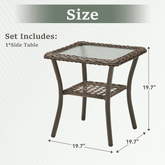 Wicker side table with dimensions on a white background