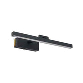 A modern linear wall light fixture in matte black, featuring a long horizontal bar with a rectangular wall mount and a small gold accent on the side, shown against a plain white background.