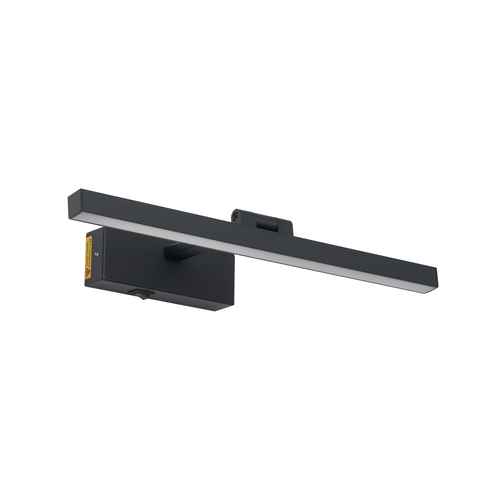 A modern linear wall light fixture in matte black, featuring a long horizontal bar with a rectangular wall mount and a small gold accent on the side, shown against a plain white background.