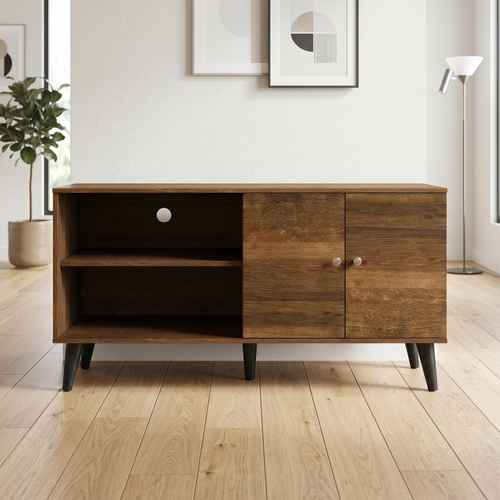 Mid-century modern wooden TV stand with open shelves and cabinet doors, black angled legs, and a natural wood finish, ideal for living rooms.