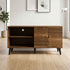 Mid-century modern wooden TV stand with open shelves and cabinet doors, black angled legs, and a natural wood finish, ideal for living rooms.