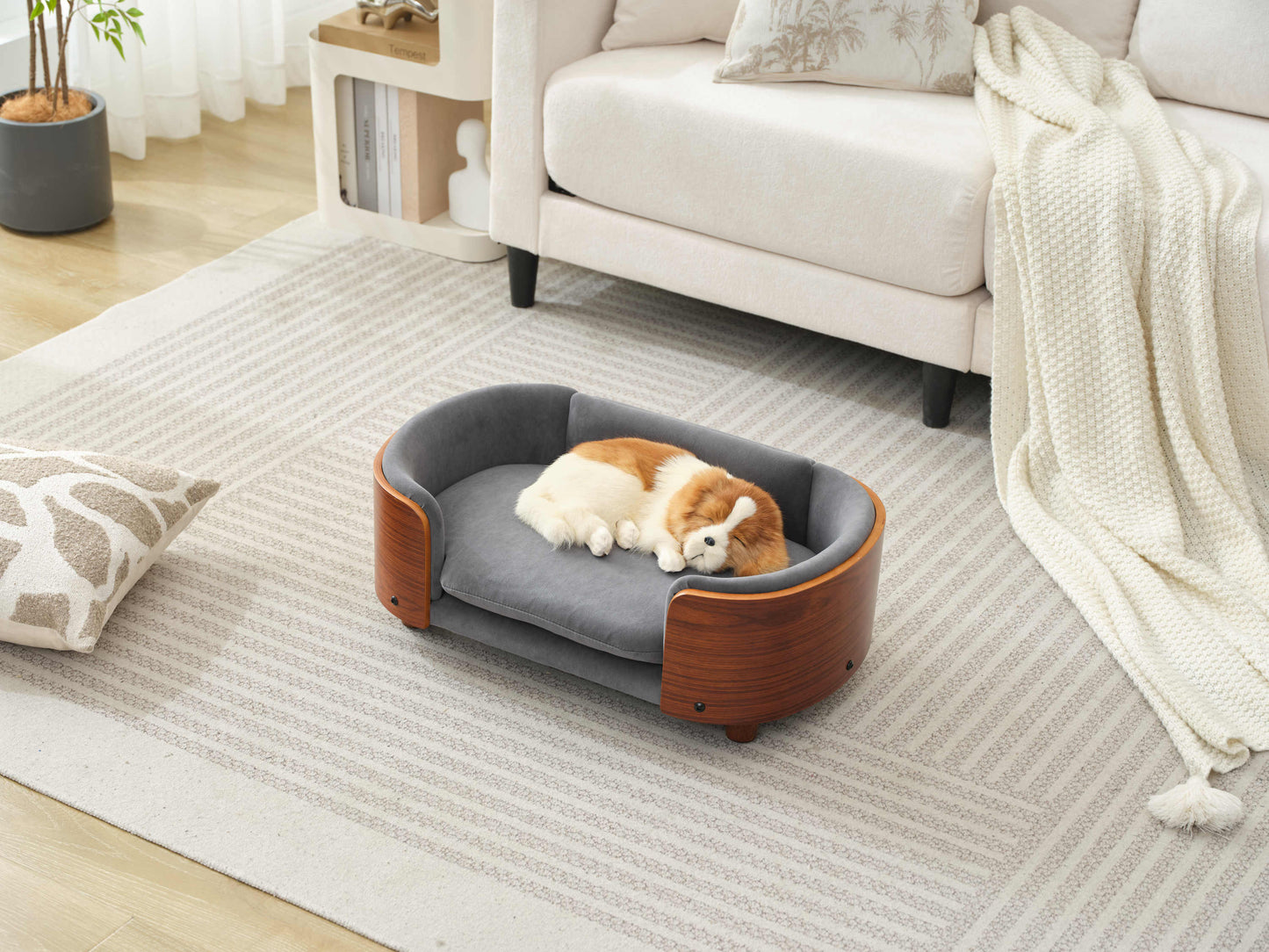 Top view of Scandinavian Elevated Dog Bed with plush velvet cushion and curved wood frame, ideal for small pet comfort.