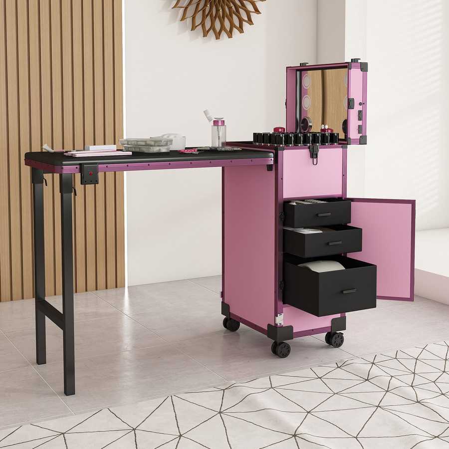 Pink nail art table with wooden mirror and storage drawers