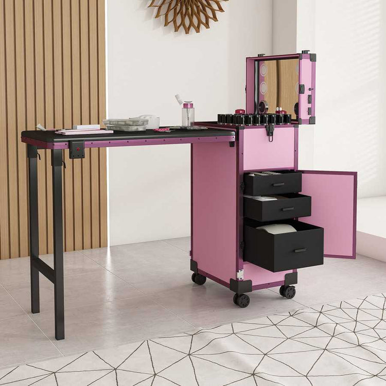 Pink nail art table with wooden mirror and storage drawers
