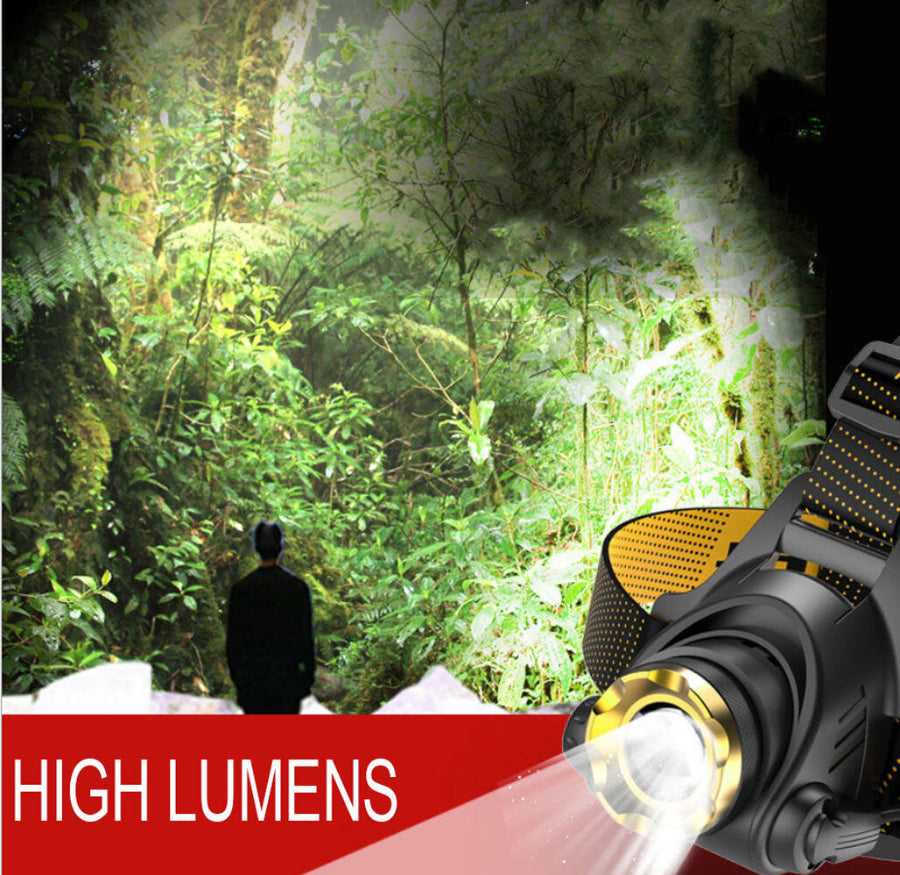 High-lumen LED headlamp for camping and hiking, illuminating dense forest trails. Designed for powerful nighttime visibility.