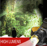 High-lumen LED headlamp for camping and hiking, illuminating dense forest trails. Designed for powerful nighttime visibility.