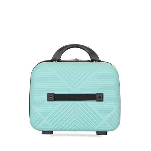 A small hard-shell suitcase in mint green with a textured chevron pattern, featuring a black top handle and a black front carry handle, shown on a plain white background.
