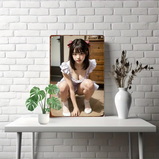Vintage aluminum wall art of kneeling girl in white dress displayed on white brick wall above modern console table with vase and plant.
