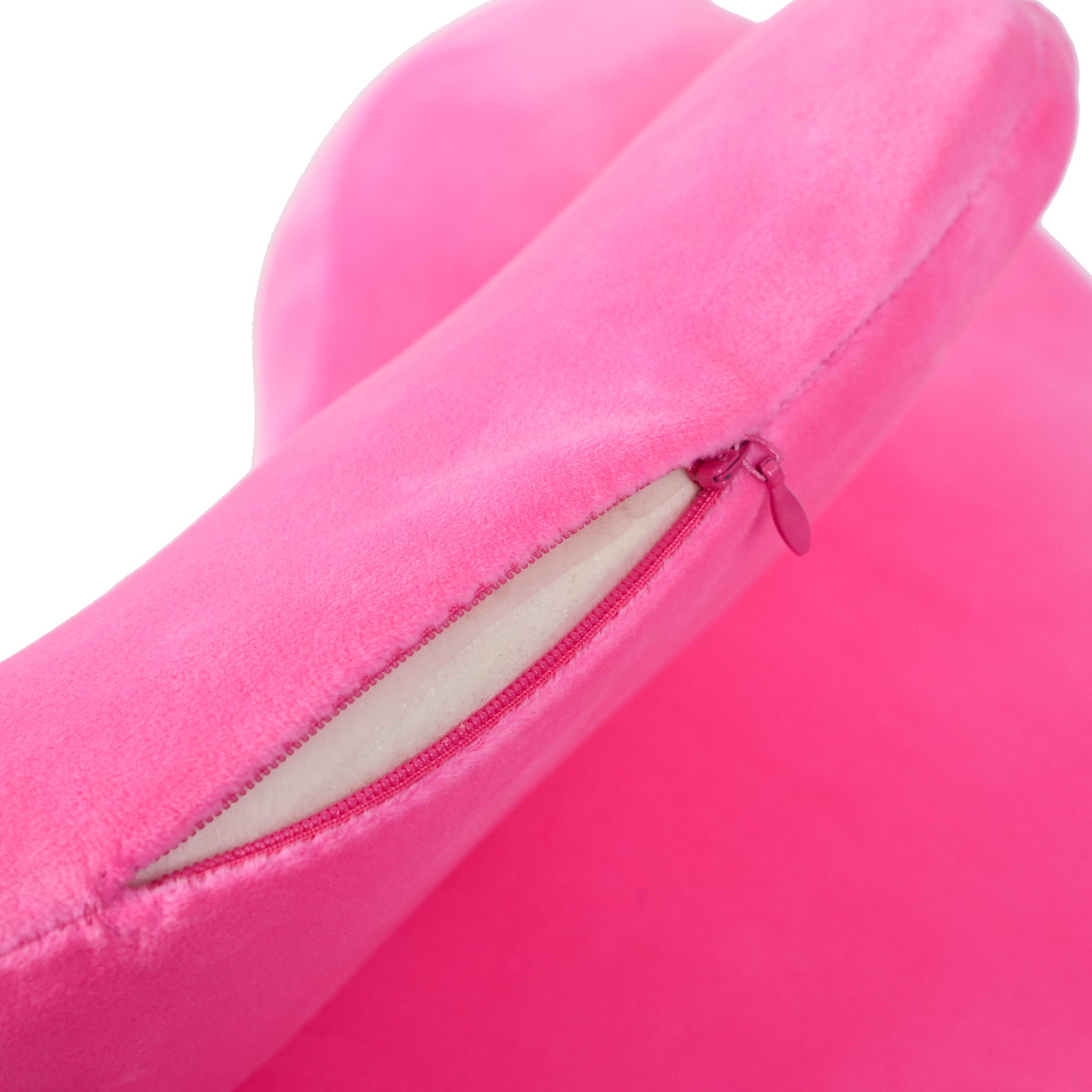 Detail of pink memory foam pillow with zippered cover, allowing easy removal and cleaning for hygiene and convenience.