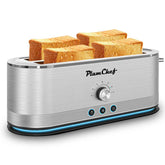 4-Slice Stainless Steel Toaster with extra-long slots and modern design, toasting four slices of bread simultaneously.