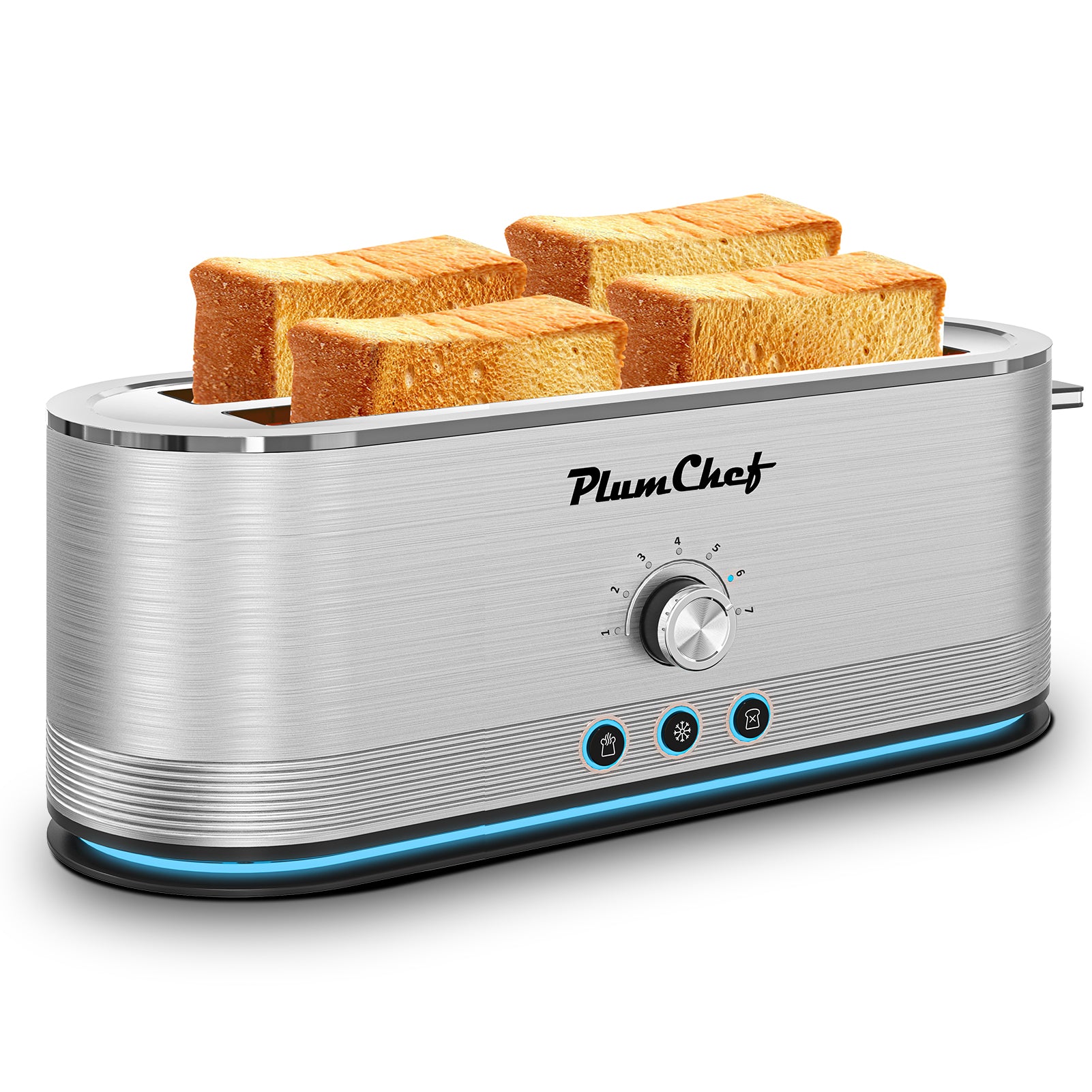 4-Slice Stainless Steel Toaster with extra-long slots and modern design, toasting four slices of bread simultaneously.