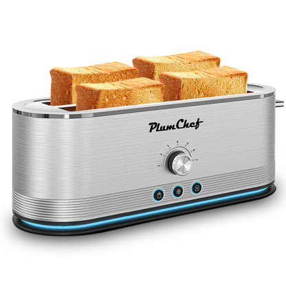 4-Slice Stainless Steel Toaster with extra-long slots and modern design, toasting four slices of bread simultaneously.