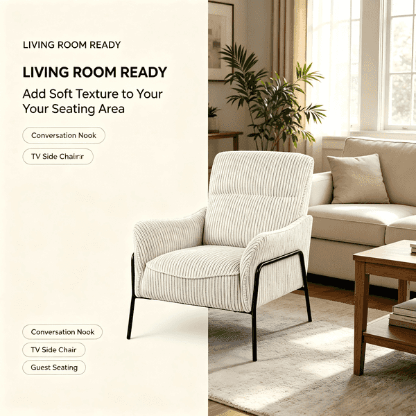 A cream-colored striped fabric TV side chair with a black metal frame, shown in a styled living room setting next to a sofa and coffee table, with promotional text on the left.