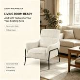 A cream-colored striped fabric TV side chair with a black metal frame, shown in a styled living room setting next to a sofa and coffee table, with promotional text on the left.