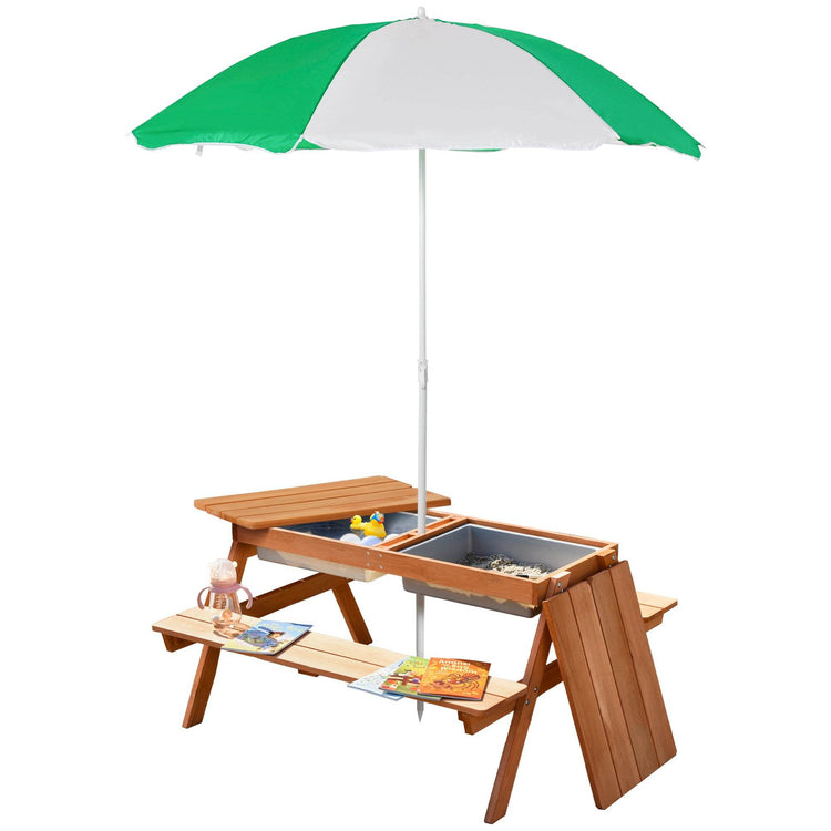 Outsunny Kids Picnic Table with Umbrella and Storage Inside, Sand and Water Table, Kids Outdoor Furniture, Wooden Bench Backyard Furniture for Garden, Patio, or Balcony Default