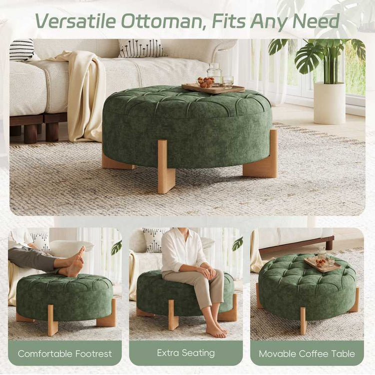 Green ottoman used as a footrest, extra seating, and movable coffee table in a living room setting.