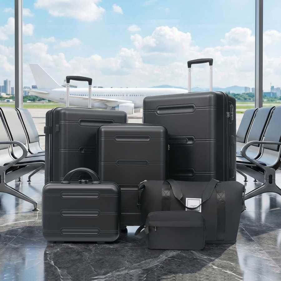 Set of black suitcases in an airport terminal with a plane visible through the window.