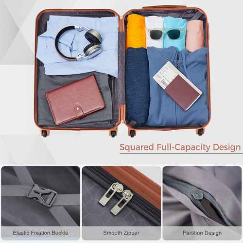 Open suitcase with clothes and accessories, showing a squared full-capacity design.