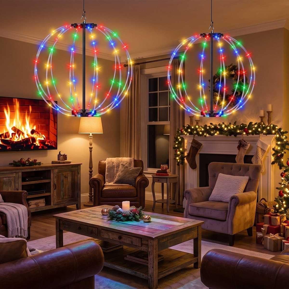 12 in and 16 in RGB LED ball lights hanging in a living room by a fireplace