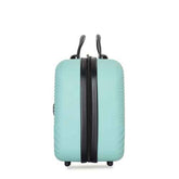 A mint green hardshell suitcase with a black center zipper, telescoping handles, and spinner wheels, shown from the front on a white background.