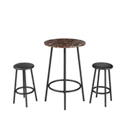 Full product view of the 3-Piece Bar Table Set with 2 Stools, featuring a round faux marble table and two black padded stools for compact dining areas.
