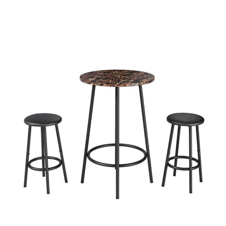 Full product view of the 3-Piece Bar Table Set with 2 Stools, featuring a round faux marble table and two black padded stools for compact dining areas.
