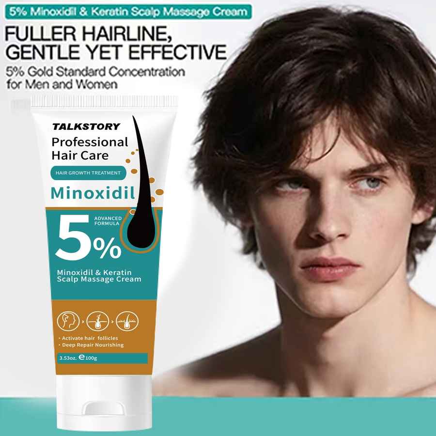 A tube of Talkstory Professional Hair Care Minoxidil 5% scalp massage cream is shown next to a close-up portrait of a man with wavy brown hair, with promotional text on a white background.
