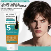 A tube of Talkstory Professional Hair Care Minoxidil 5% scalp massage cream is shown next to a close-up portrait of a man with wavy brown hair, with promotional text on a white background.