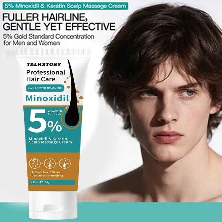 A tube of Talkstory Professional Hair Care Minoxidil 5% scalp massage cream is shown next to a close-up portrait of a man with wavy brown hair, with promotional text on a white background.