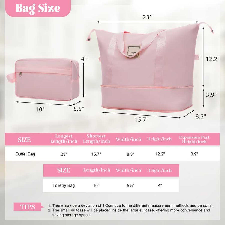 Pink duffel bag and toiletry bag with measurements on a white background