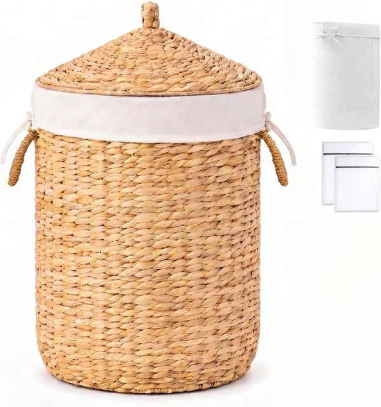 Round Laundry Hamper with Lid, Woven Natural Water Hyacinth Laundry Hamper