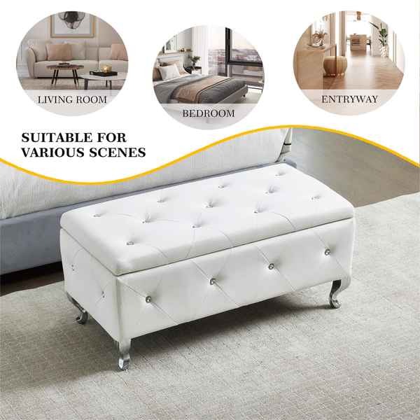 White tufted bench with decorative buttons in a living room setting, suitable for various rooms.
