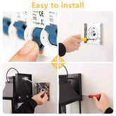 Four-panel installation guide showing a wall switch module being mounted, connected, and secured with a screwdriver. The top text reads &