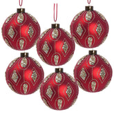 Set of red Christmas ornaments with gold patterns on a white background