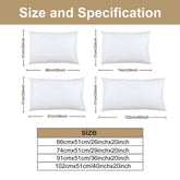 Measurement chart of different pillow sizes with white pillows on a beige background