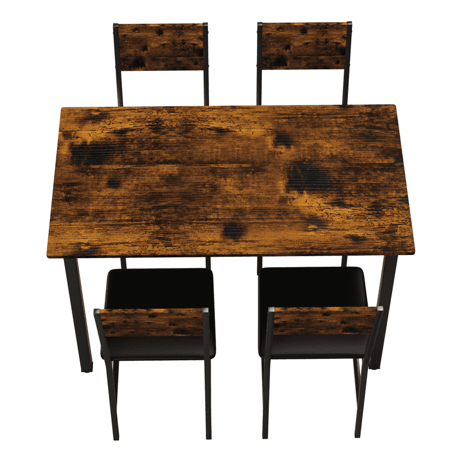 Top-down view of 5 Piece Metal Wood Dining Table Set for 4 showing wood grain texture and seating arrangement.