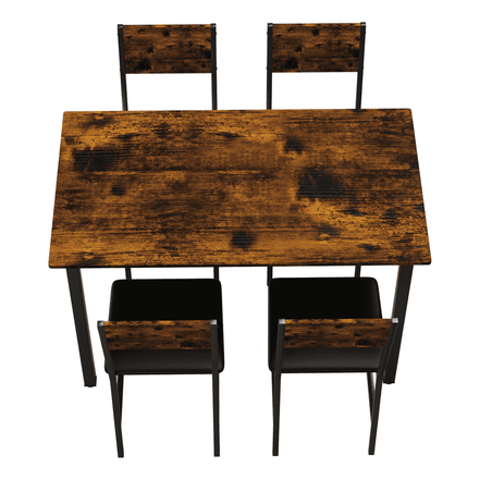 Top-down view of 5 Piece Metal Wood Dining Table Set for 4 showing wood grain texture and seating arrangement.