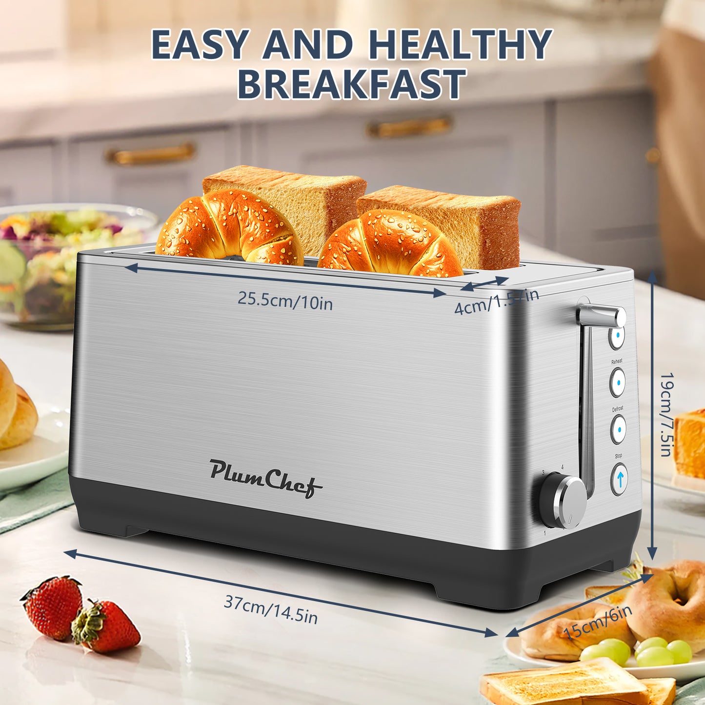 4-Slice Toaster Stainless Steel with dimensions labeled, highlighting extra wide slots and compact design for easy and healthy breakfast prep.