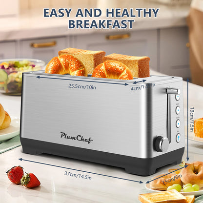 4-Slice Toaster Stainless Steel with dimensions labeled, highlighting extra wide slots and compact design for easy and healthy breakfast prep.