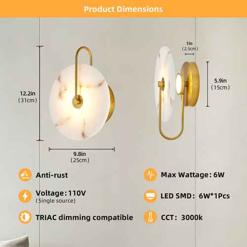 Product dimensions diagram for a wall-mounted LED light fixture, showing front and side views with measurements, plus feature icons for anti-rust, 110V voltage, LED SMD 6W*1Pcs, TRIAC dimming compatibility, and 3000k CCT.
