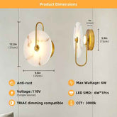 Product dimensions diagram for a wall-mounted LED light fixture, showing front and side views with measurements, plus feature icons for anti-rust, 110V voltage, LED SMD 6W*1Pcs, TRIAC dimming compatibility, and 3000k CCT.