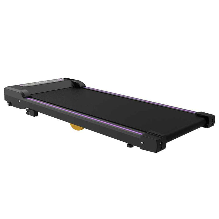 Black portable treadmill with sleek design, LED display, and remote control, perfect for small spaces