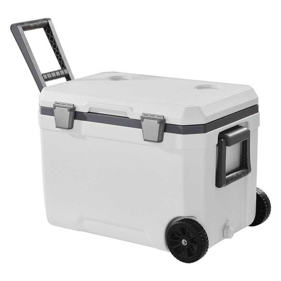 White cooler with wheels and a handle on a white background